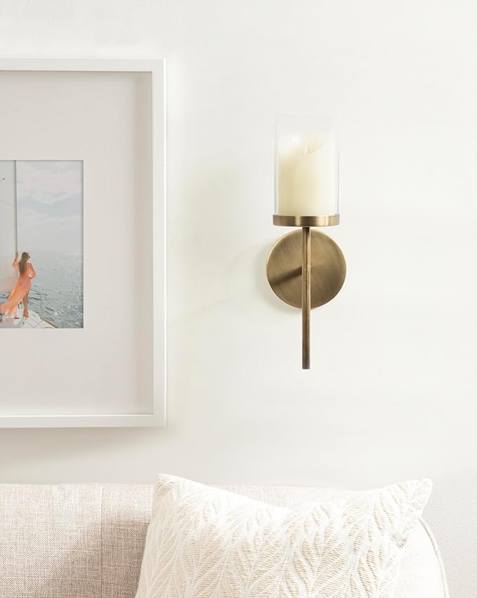 Kate and Laurel Blaise Transitional Metal Wall Sconce; 5 x 6 x 14; Antique Brass; Modern Round Candle Holder with Removable Glass Cylinder for Flameless Candles