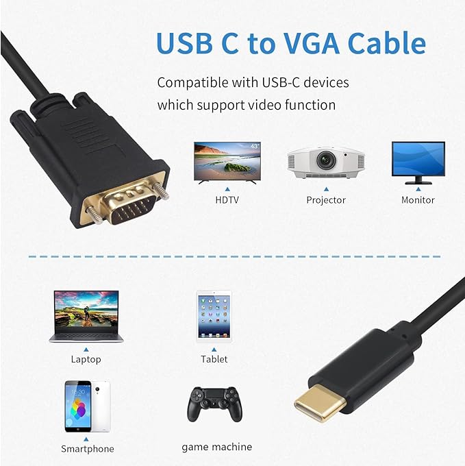 Duttek USB C to VGA Adapter Cable 6FT/1.8M, USB Type-C to VGA Male to Male Converter Cable with Gold-Plated Port for Monitor, Phones, Laptops and HDTV (Not Support Thunderbolt Port)