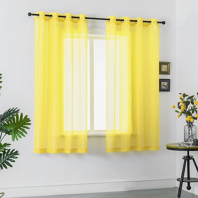 DUALIFE Bright Yellow Sheer Curtains 54 Inch Length for Kitchen 2 Panels Grommet Semi Sheer Short Curtains for Bathroom Small Windows Basement Vibrant Lemon Yellow Wide 52 by L54 Inches Long