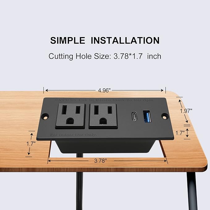 USB C Recessed Power Strip Fast Charge Desktop Power Station 2 Outlets 2 USB (PD20W & QC18W, Total 20W) Mountable Flat Plug Extension Cord Mount for Tabletop Sofa Cabinet Nightstand (USB C Black)