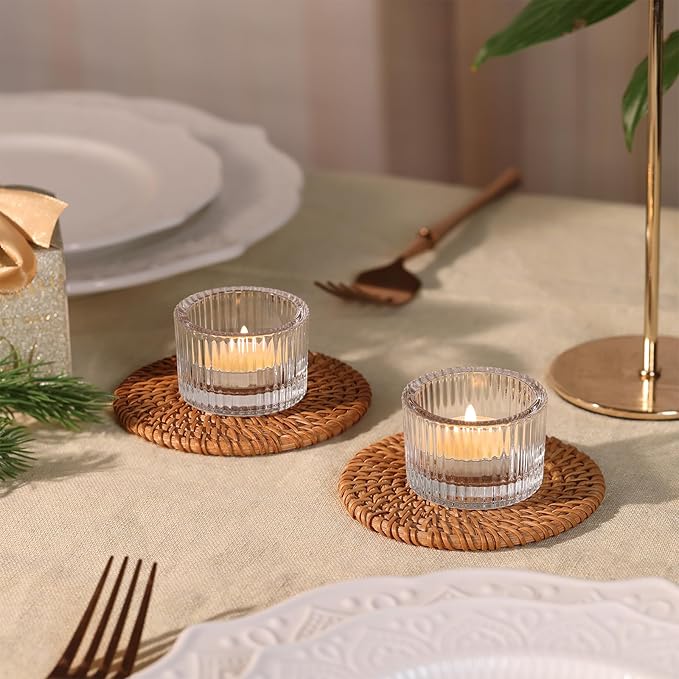 12Pcs Clear Votive Candle Holders with 20pcs Tea Light Candles, Ribbed Tealight Candle Holder Glass for Wedding Table Centerpiece, Home Decor, Party Decor