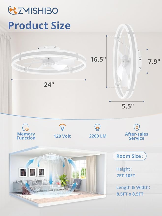 ZMISHIBO 24 Inch Ceiling Fans with Lights and Remote, Modern Low Profile Ceiling Fan, 3000-6000K Dimmable Flush Mount LED Fan Light, 6 Wind Speeds, Fandelier Ceiling Fans for Bedroom- White