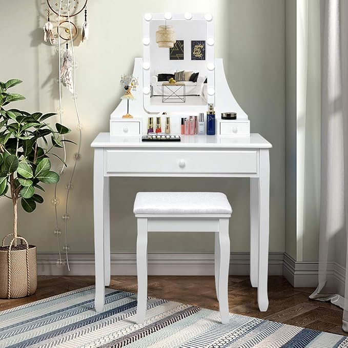 CHARMAID Vanity Set with Lighted Mirror, Makeup Table with 10 LED Dimmable Bulbs, 3 Drawers, 2 Dividers, Modern Bedroom Dressing Table Vanity Desk with Stool for Women Girls (White)