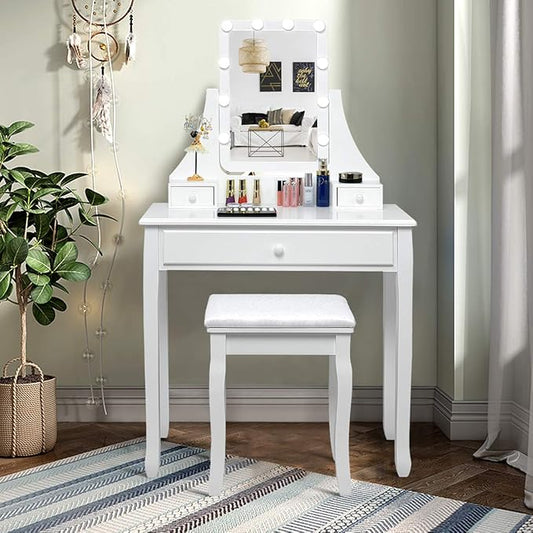 CHARMAID Vanity Set with Lighted Mirror, Makeup Table with 10 LED Dimmable Bulbs, 3 Drawers, 2 Dividers, Modern Bedroom Dressing Table Vanity Desk with Stool for Women Girls (White)