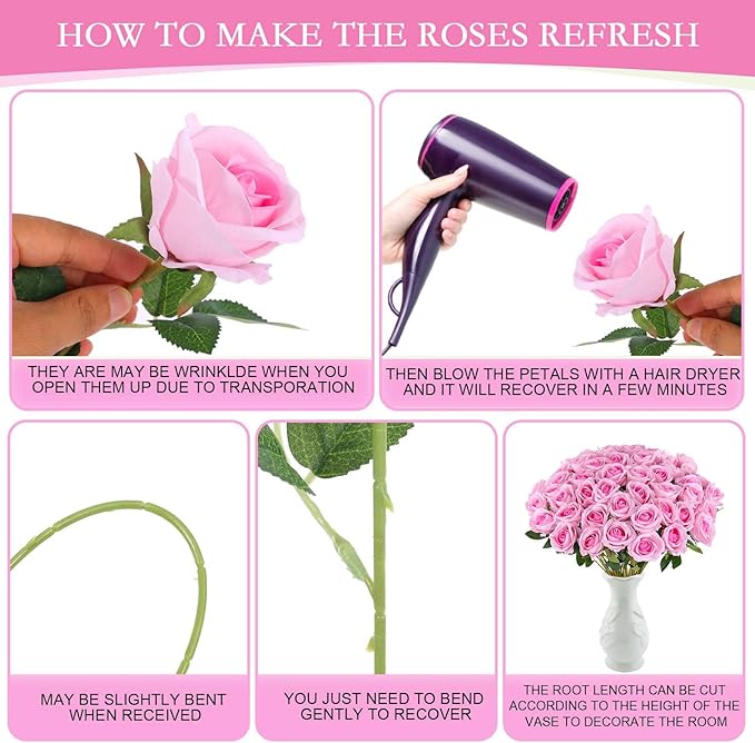 Hananona 50 Artificial Roses in Bulk, Fake Silk Pink Roses Realistic Roses for Wedding Centerpieces Flower Arrangement Home Decor (50, Pink)