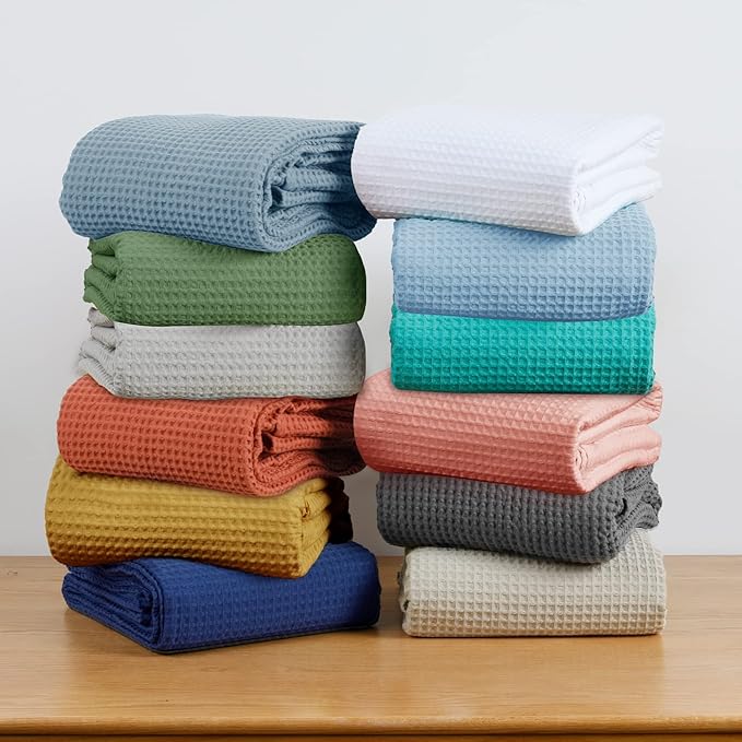 PHF 100% Cotton Waffle Weave Blanket King Size for Bed,Snag Proof Lightweight Breathable Moisture-wicking Throw for Couch,Great for Layering in Cold Weather,Machine Washable,Home Decor Gift-Dusty Blue