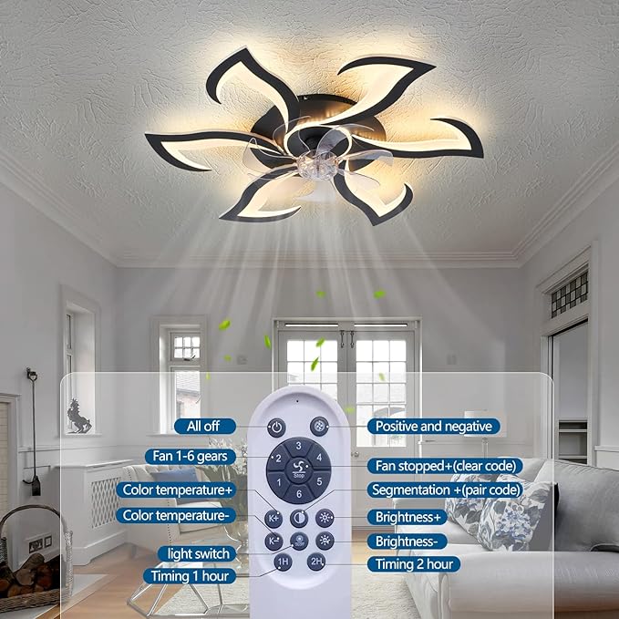 32" Black Modern Ceiling Fan with Lights Remote Control, 6 Speeds 3 Light Color Low Profile Flush Mount Ceiling Fan with Light for Kitchen Bedroom