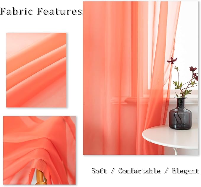 DUALIFE Coral Curtains 108 Inches Extra Length for Living Room Set of 2 Pieces Grommet Look Semi Sheer Transparent Curtains for Bedroom 52x108 Inch Long (Orange Coral)