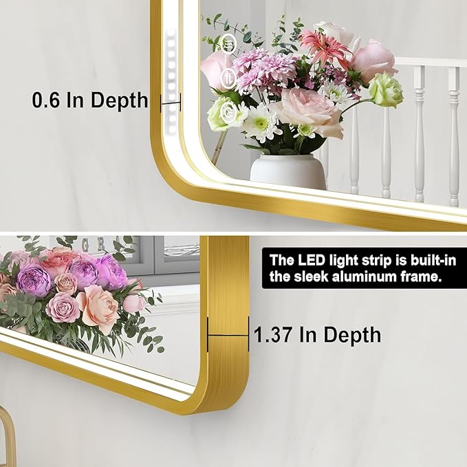 55x32 Inch LED Bathroom Mirror with Lights, Gold Metal Framed LED Mirror for Bathroom, 3 Colors and Stepless Dimmable Wall Mounted Lighted Bathroom Vanity Mirror, Anti-Fog, Memory