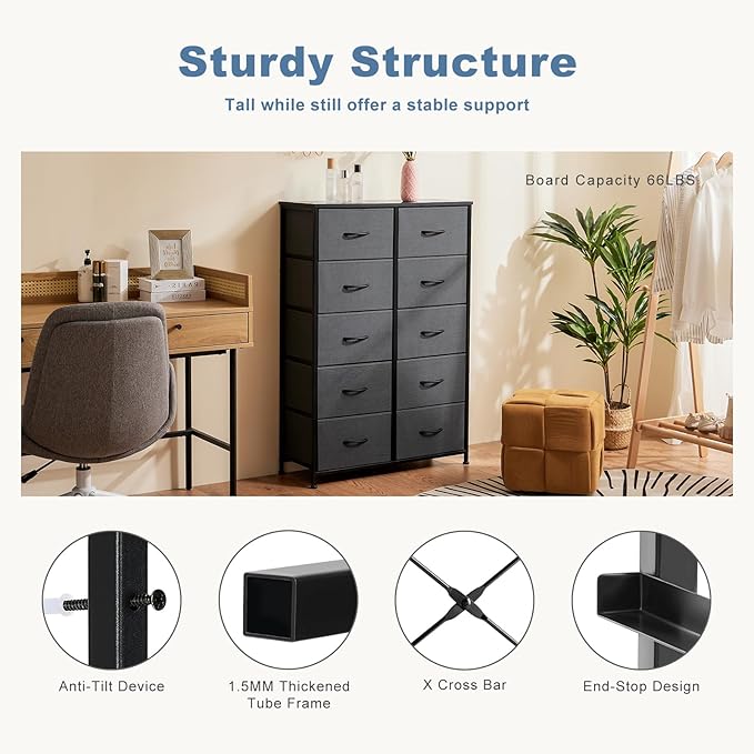 DUMOS Dresser for Bedroom, 10 Storage Drawers, Wide Fabric Closet Chests Organizer Tower Furniture with Wooden Top Metal Frame for Clothes, Guest Room, Living Room, Hallway, Entryway