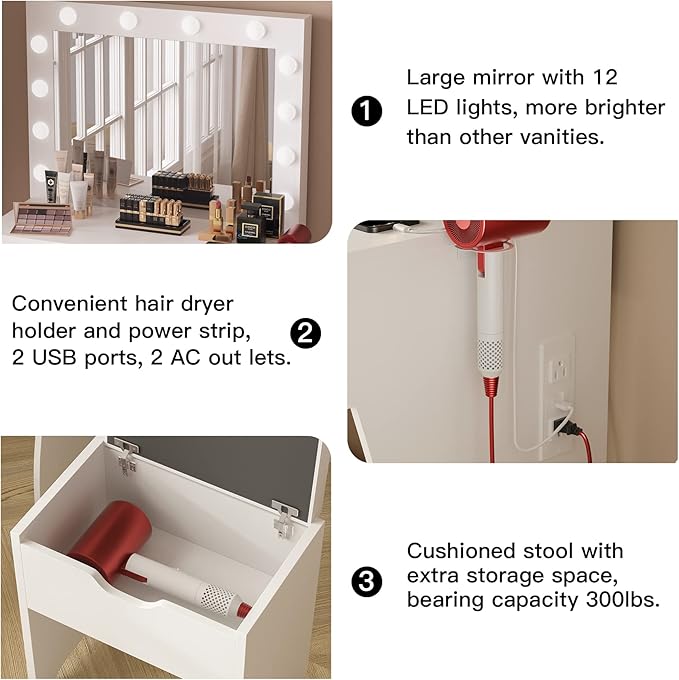 Vanity Table Set with Lighted Mirror - Makeup Vanity with Charging Station, Large Drawer Sturdy Wood Vanity with Lights, 3 Color Modes, Adjustable Brightness, White