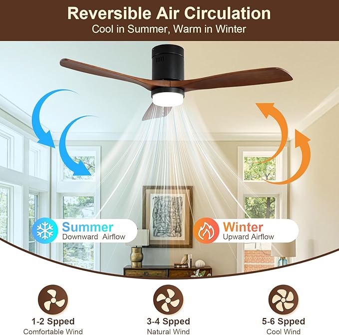 Sofucor 52 Inch Ceiling Fans with Lights, Flush Mount Ceiling Fan with Lights Remote Control, Indoor/Outdoor Ceiling Fan Light, Reversible DC Motor, 3 Blade Solid Wood Ceiling Fans for Bedroom Patio