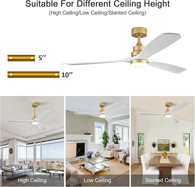 BOJUE 60 Inch Wood Ceiling Fans with Lights and Remote, White Gold Outdoor Ceiling Fan with Light, Dimmable 3 Blades Outdoor Fans for Patios Noiseless Modern Ceiling Fans for Bedroom Living Room