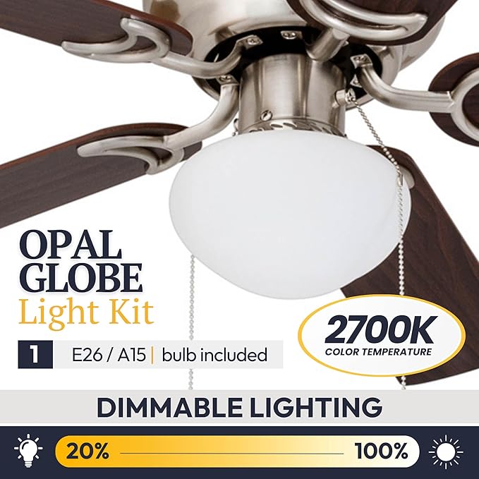 Prominence Home Alvina, 42 Inch Traditional Flush Mount Indoor LED Ceiling Fan with Light, Pull Chain, Dual Finish Blades, Reversible Motor - 80029-01 (Brushed Nickel)