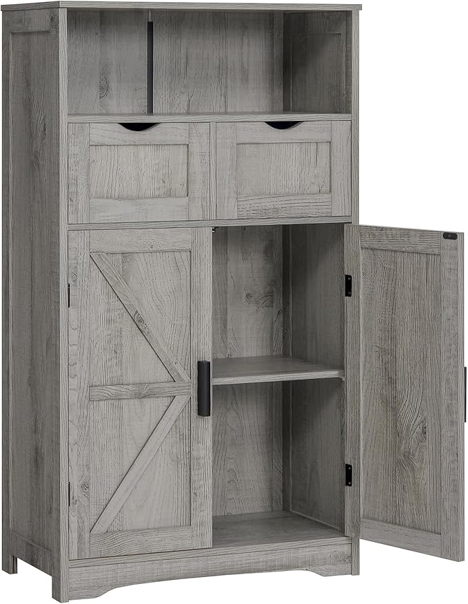 WEENFON Bathroom Cabinet, Storage Cabinet with 2 Adjustable Drawers & 2 Barn Doors, Standing Cupboard with 2 Shelf, Floor Cabinet for Living Room, Home Office, Kitchen, Grey