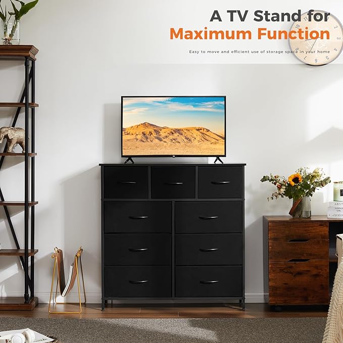 Sweetcrispy Dresser for Bedroom with 9 Storage Drawers, Tall Large Fabric Storage Tower Organizer, Chest of Drawers with Metal Frame Wooden Top for Nursery, Closet, Living Room, Entryway, Black