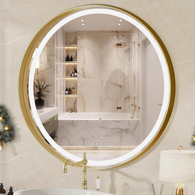 Gold Round Mirror 28 Inch, Metal Framed Frontlit Bathroom Mirror, Circle Mirrors for Wall, Led Light Mirror with Anti-Fog, Memory Function, 3 Color Temperature, Dimmable Makeup Mirrors