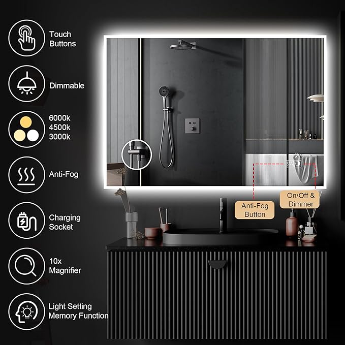 Led Mirror for Bathroom, 40x32 Inch Lighted Mirrors with 10X Magnification and Shaver Charging Port, Anti-Fog, Memory Function, 3 Color Temperature, Dimmable Led Backlit Mirror, Horizontal/Vertical