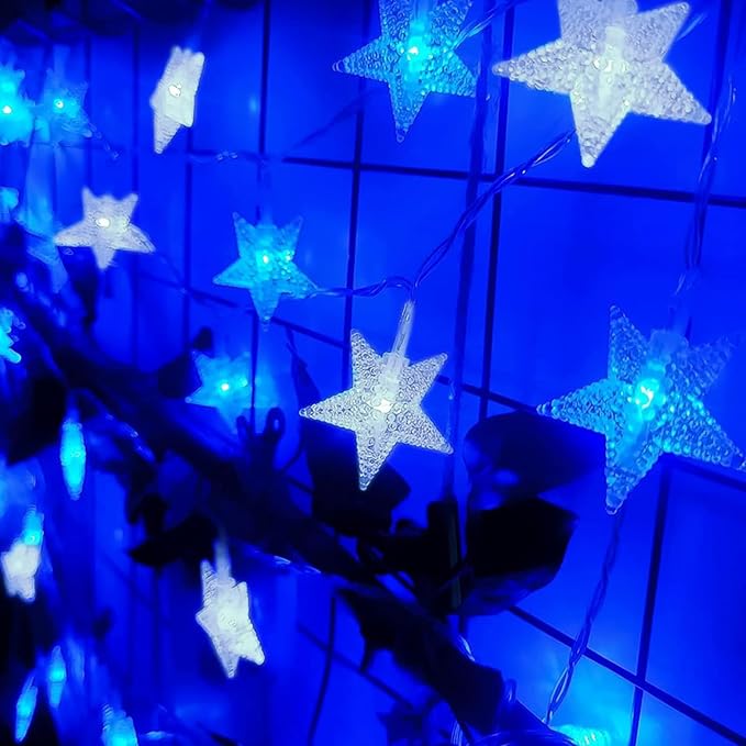 Minetom Blue and White Star String Lights Plug in - 33 ft 100 LED Star Fairy String Lights with Remote and Timer, 8 Modes Waterproof for Tent Loft Bed Backyard Patio Balcony Staircase