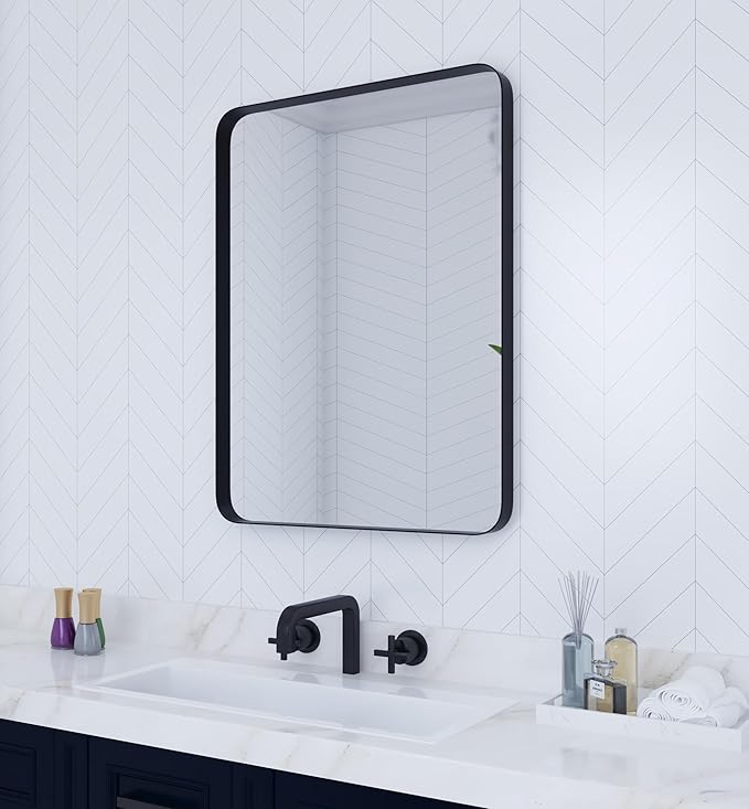 VocalStar Black Bathroom Mirror for Wall, 24 x 32 Inch Rounded Rectangle Metal Framed Bathroom Wall Vanity Mirror Farmhouse, 1/4-inch Shatterproof Glass | Ultra-Flush Hanging