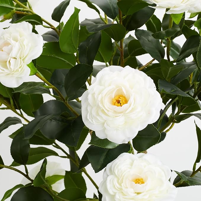 3FT Artificial Camellia Tree, 1 Pcs Fake Camellia Tree Artificial Tree, Faux Floral Plants in Cement Pot, Greenery Potted Plant for Indoor Outdoor Home Office Porch Decor (White)