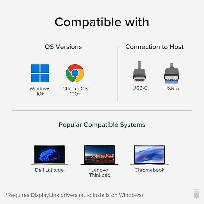 Plugable 4K DisplayPort and HDMI Dual Monitor Adapter for USB 3.0 and USB-C, Compatible with Windows and ChromeOS