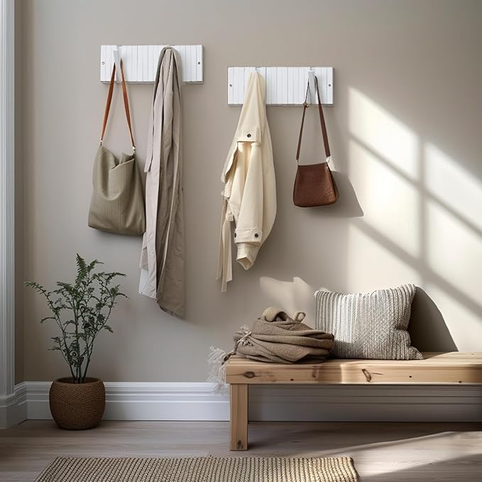 Coat & Hat Hooks Wall Mount with Key Holder, Wall Mounted Coat Rack with 9 Retractable Hangers, Solid Wood Slim Key Holder for Entryway Decor, 17in Natural Finish