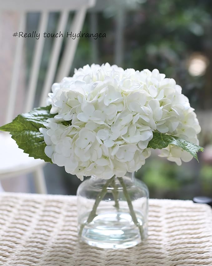 Real Touch Artificial Flowers Whith White Hydrangea in Vase for Home Decoration, Fake Flowers Centerpieces for Tables, Lifelike Fake Hydrangea in Vase for Bathroom, Office and Water Bar