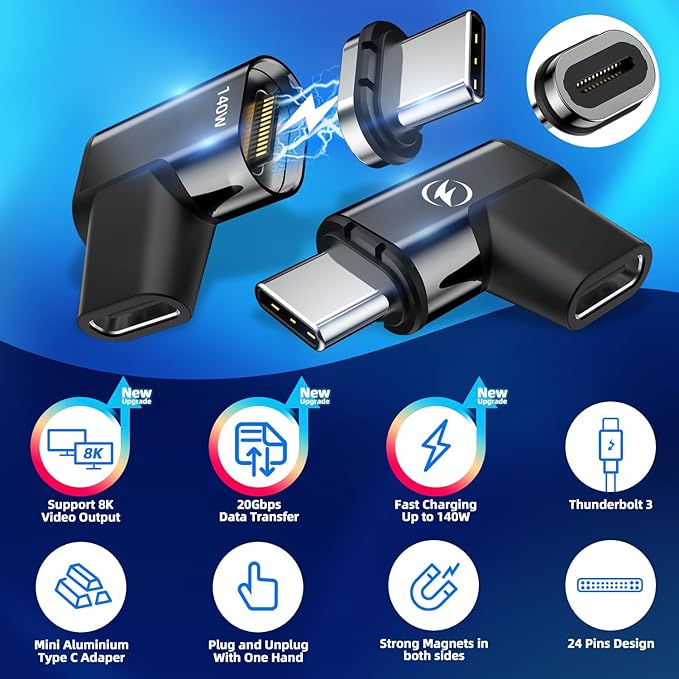 USB Type C Magnetic Adapter, (2 Pack) Magnetic USB C Adapter 24 Pin with PD 140w USBC 4 20Gbps Data Transfer 8K 60Hz for MacBook Pro/Air, Steam Deck, Quest 2, RoG Ally and More Type C Devices