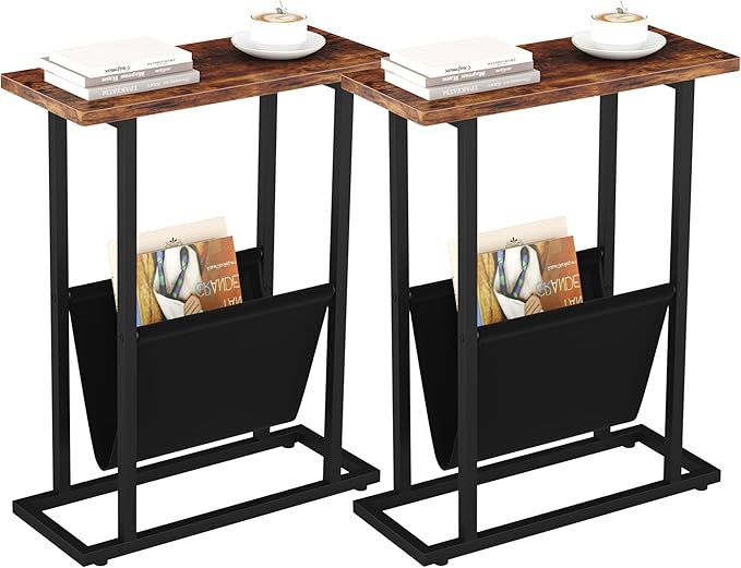 Yusong Narrow Side Table for Small Spaces, Small End Table Set of 2 with Magazine Holder, Skinny Slim Little Thin Table for Living Room, Bedroom, Sofa, Rustic Brown
