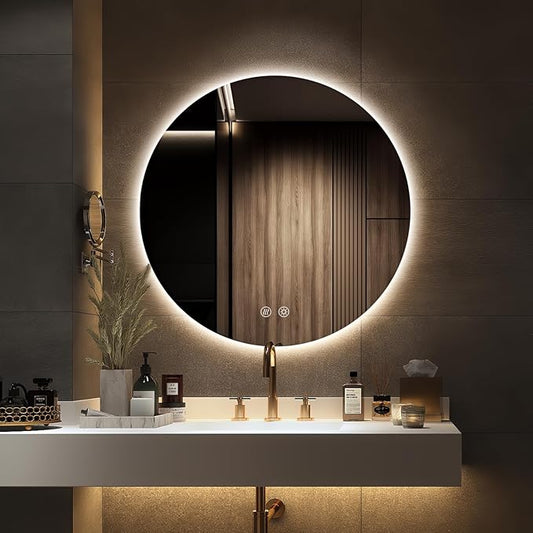 Niccy Round Led Mirror for Bathroom, 32" Circle Frameless Backlit Mirror wiht Light, Anti-Fog, 3 Colors, Waterproof, Memory Function