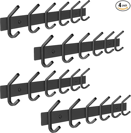 Matte Black Coat Rack Wall Mount – 17 Inch Stainless Steel Hook Rail with 6 Double Coat Hooks – Wall Mounted Entryway Organizer for Coats, Hats, Bags, Towels, Robes, Closet or Bathroom - 4 Pack