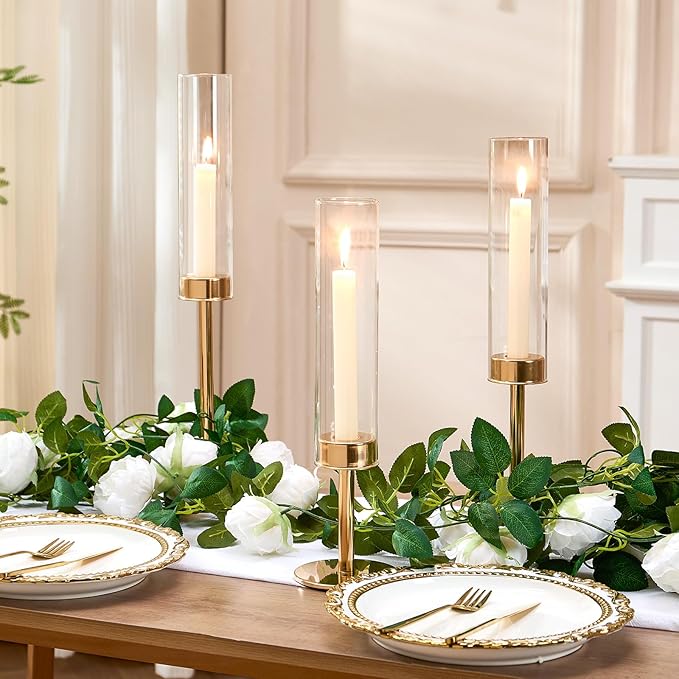 Gold Hurricane Candle Holders Set of 3, Tall Metal & Windproof Glass Taper Candle Holders, Outdoor/Indoor Table Centerpieces for Weddings, Christmas, Parties, Fireplace Decor