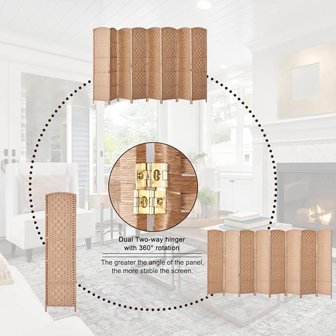 RHF 6 Ft. Tall Extra Wide-Diamond Weave Fiber Room Divider, 8 Panel Room Divider/Screen,Room Dividers and Folding Privacy Screens 8 Panel&Room Dividers and Folding Privacy Screens-Natural, 8 Panel
