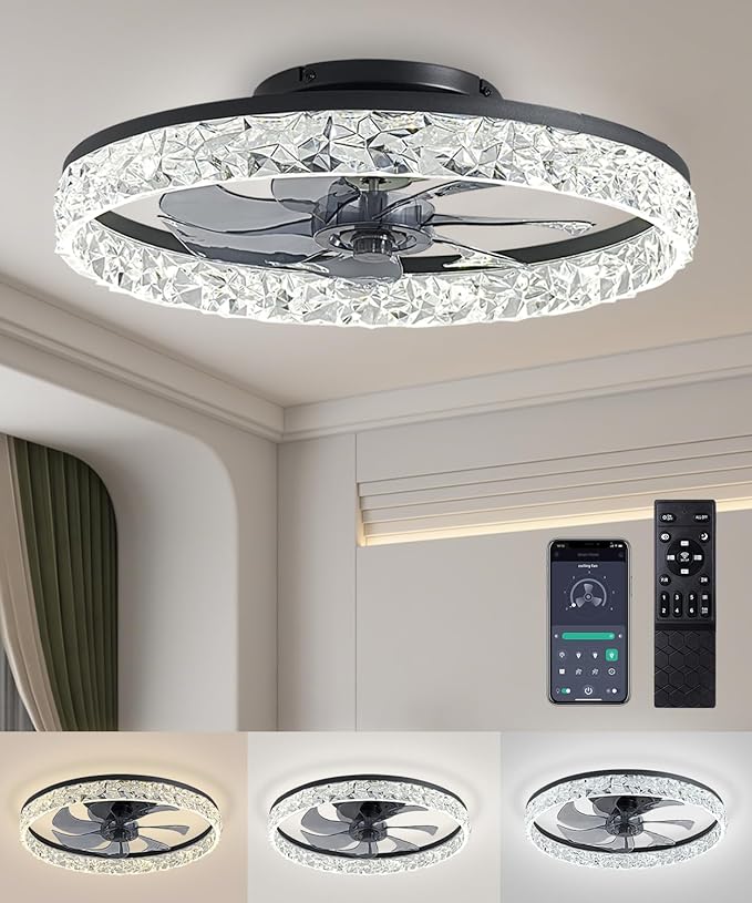 Ceiling Fans with Lights and Remote, 19.7" Low Profile Ceiling Fan with Light, 3000-6500K Dimmable, 6 Speeds and Stepless Color Temperature Change for Bedroom, Living Room and Kids Room(Black)