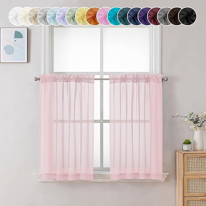 Chyhomenyc Blush Pink Sheer Curtains 30 inch Length 2 Panels, Light Filtering Voile Rod Pocket Short Window Curtians for Bathroom Living Room Farmhouse Small Windows, 42Wx30L inches