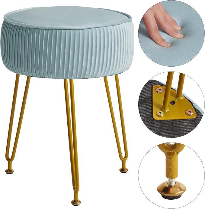 IBUYKE Velvet Round Footrest Stool Ottoman, Makeup Vanity Stool Side Table, Velvet Dressing Table Seat, Pouf Couch Stool, Golden Steel Legs, Blue LG-30H