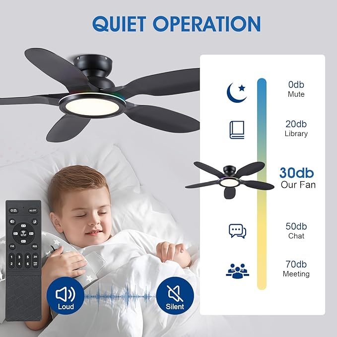 Ceiling Fans with Lights and Remote/APP Control, 52 inch Low Profile Ceiling Fans with Dimmable White + RGB Ring Lights, 6 Speeds 5 Curved Blades for Kids Room Bedroom Bar, Black