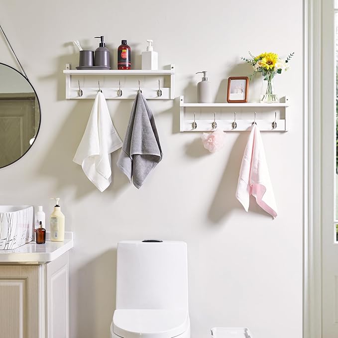 YMYNY Coat Rack Shelf Wall Mounted, Coat Hooks Set of 2, Entryway Coat Hanger with 10 Hooks, 47.2" Wall Floating Shelf with Hat Rack, for Kitchen, Bedroom, Bathroom, White HWS004W-2