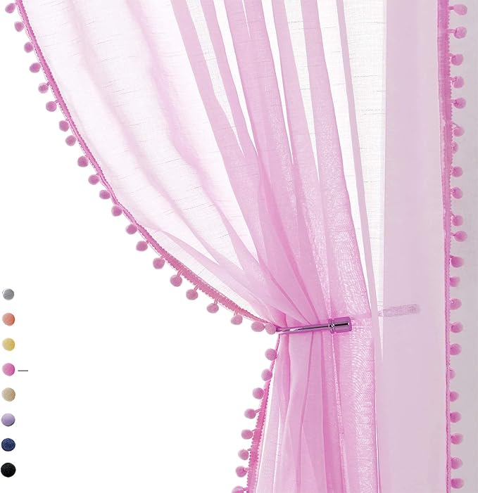 Treatmentex Pom-Pom Pink Sheer Curtains for Girl's Room 95 inches Linen Textured Look Red Sheer Window Draperies for Bedroom Living Room, 52" w x 2 Panels, Rod Pocket