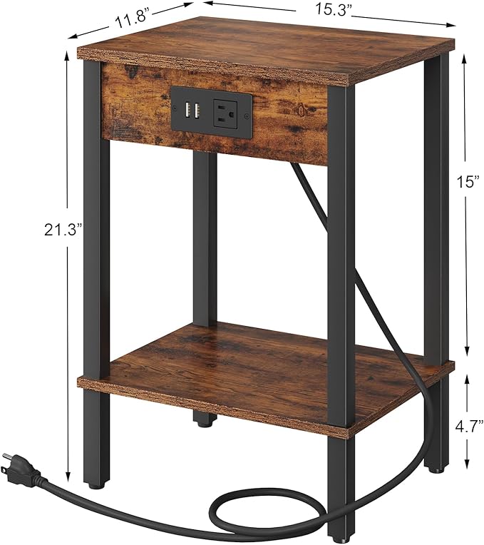 VIMBER Set of 2 End Table with Charging Station, Narrow Side Table with USB Ports and Outlets, Nightstands with 2-Tier Storage Shelves, Sofa Table for Small Space Living Room Bedroom