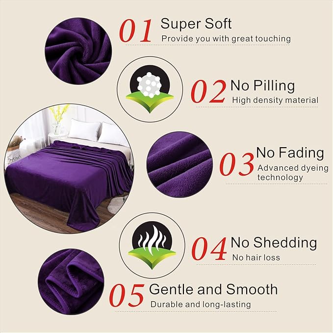 Polar Fleece Blankets King Size for The Bed Extra Soft Brush Fabric Super Warm Sofa Blanket 90" x 108"(Purple King)