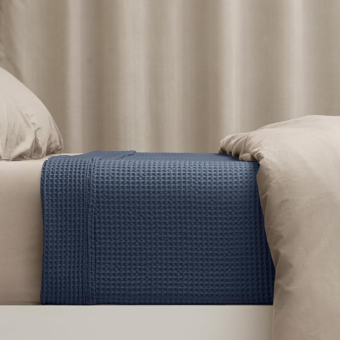 PHF 100% Cotton Waffle Weave Blanket Twin Size for Bed,Snag Proof Lightweight Breathable Moisture-Wicking Throw for Couch,Great for Layering in Cold Weather,Machine Washable,Home Decor Gift-Dark Navy