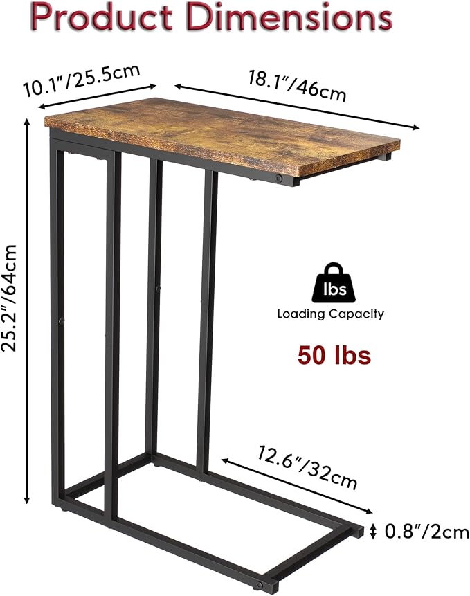 Yusong Small C Shaped End Table, Slim Couch Side Tables Slide Under Sofa Bed, Skinny Snack Tray Table for Coffee Laptop in Living Room,Easy Assembly, Rustic Brown