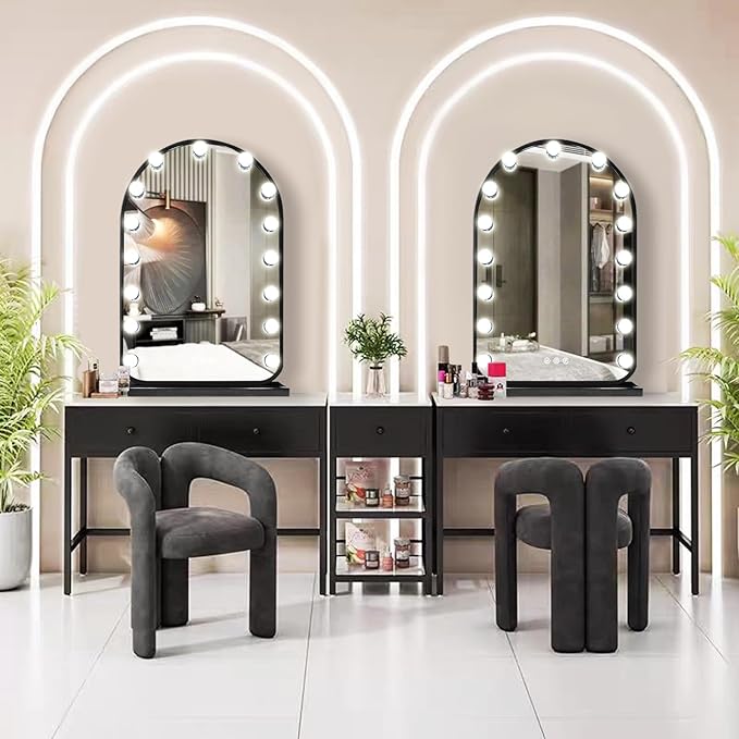 Hollywood Arch Black Vanity Makeup Mirror with Lights 15 Bulbs Dimmable 3Color Black Lighted Vanity Mirror for TableTop Wall Detachable Base X10 Magnifying Arch Makeup Desk Mirror with Lights