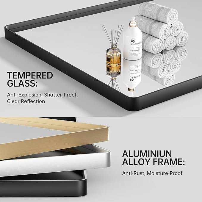 Hasipu Black Bathroom Mirror for Wall, 59 x 40 Inch Metal Framed for Over Sink, Rectangle Vanity Mirror, Anti-Rust, Tempered Glass, Horizontal or Vertical
