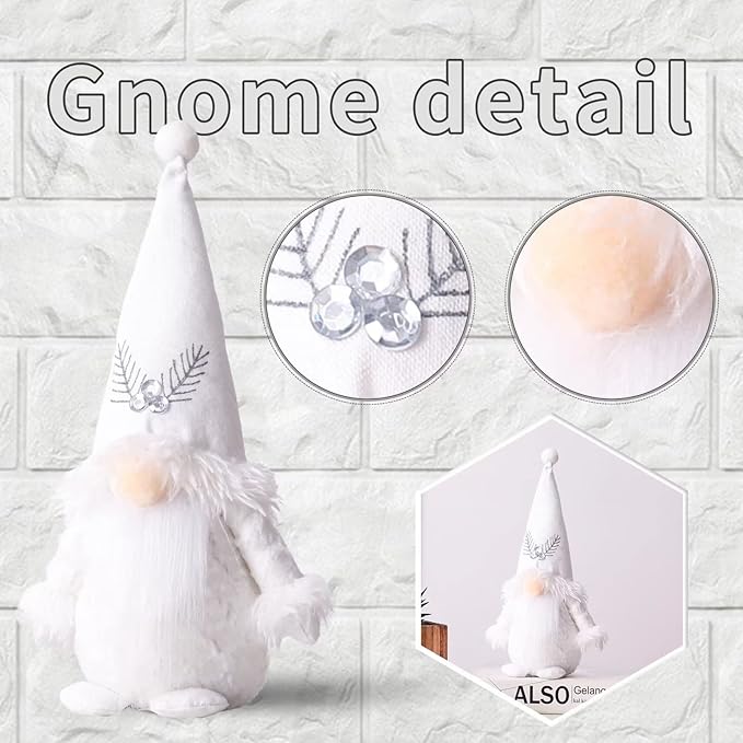 2 PC Christmas Gnomes Decoration Velvet Gnomes Swedish Tomte Handmade Scandinavian Figurine Nordic Plush Fall Winter Farmhouse Ornaments Home Decor Gift, White Silver Sequins, 10.6 Inch