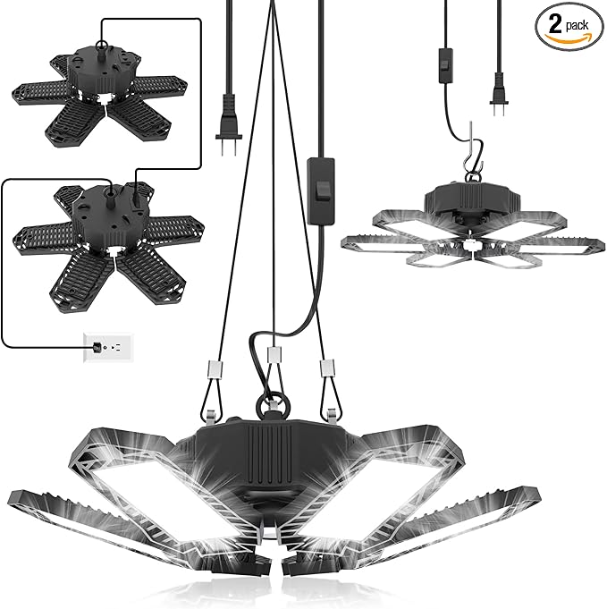 SEOBIOG 2 Pack Plug in Garage Light, Upgraded 200W 20000LM Linkable LED Shop Light, 6500K Ceiling Lights w/ 6 Deformable Panels for Garage, Warehouse, Barn, Basement (Built-in ON/Off Switch)