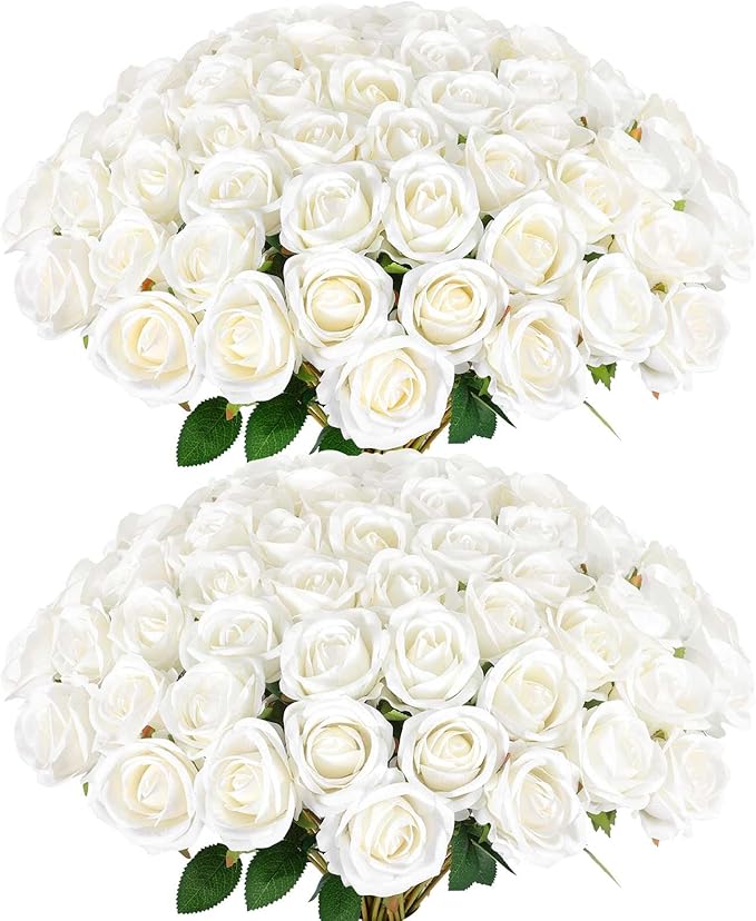 120 Pcs Artificial Roses Bulk Velvet Silk White Roses White Roses for Wedding Centerpieces Bridal Bouquet Mohter's Day Home Decor (120, White)