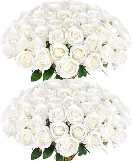120 Pcs Artificial Roses Bulk Velvet Silk White Roses White Roses for Wedding Centerpieces Bridal Bouquet Mohter's Day Home Decor (120, White)